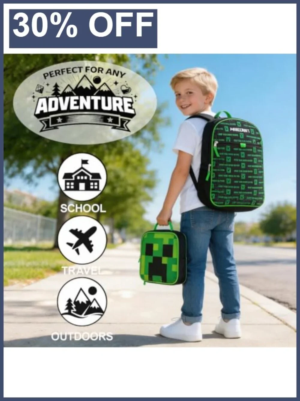 Minecraft Creeper Youth 5-Piece Backpack Set with Lunch Box, Water Bottle &